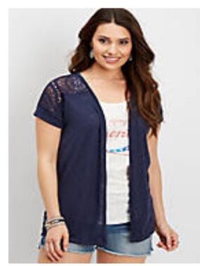 Maurices Navy Open-Front Top with Lace Shoulders Short Sleeve Cardigan